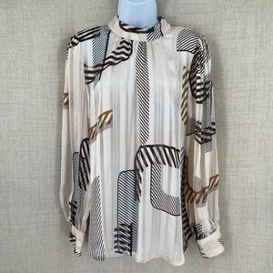Blu Pepper Top Women Sz L Brown Cream Geometric Abstract Mock Neck Blouse Office